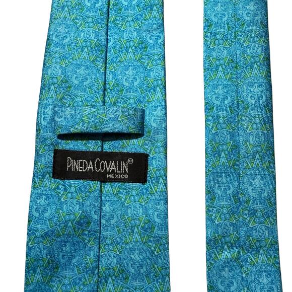 NEW Pineda Covalin 100% Silk Tie Piedra Del Sol Sun Stone Mexico Turquoise Blue - Picture 2 of 11